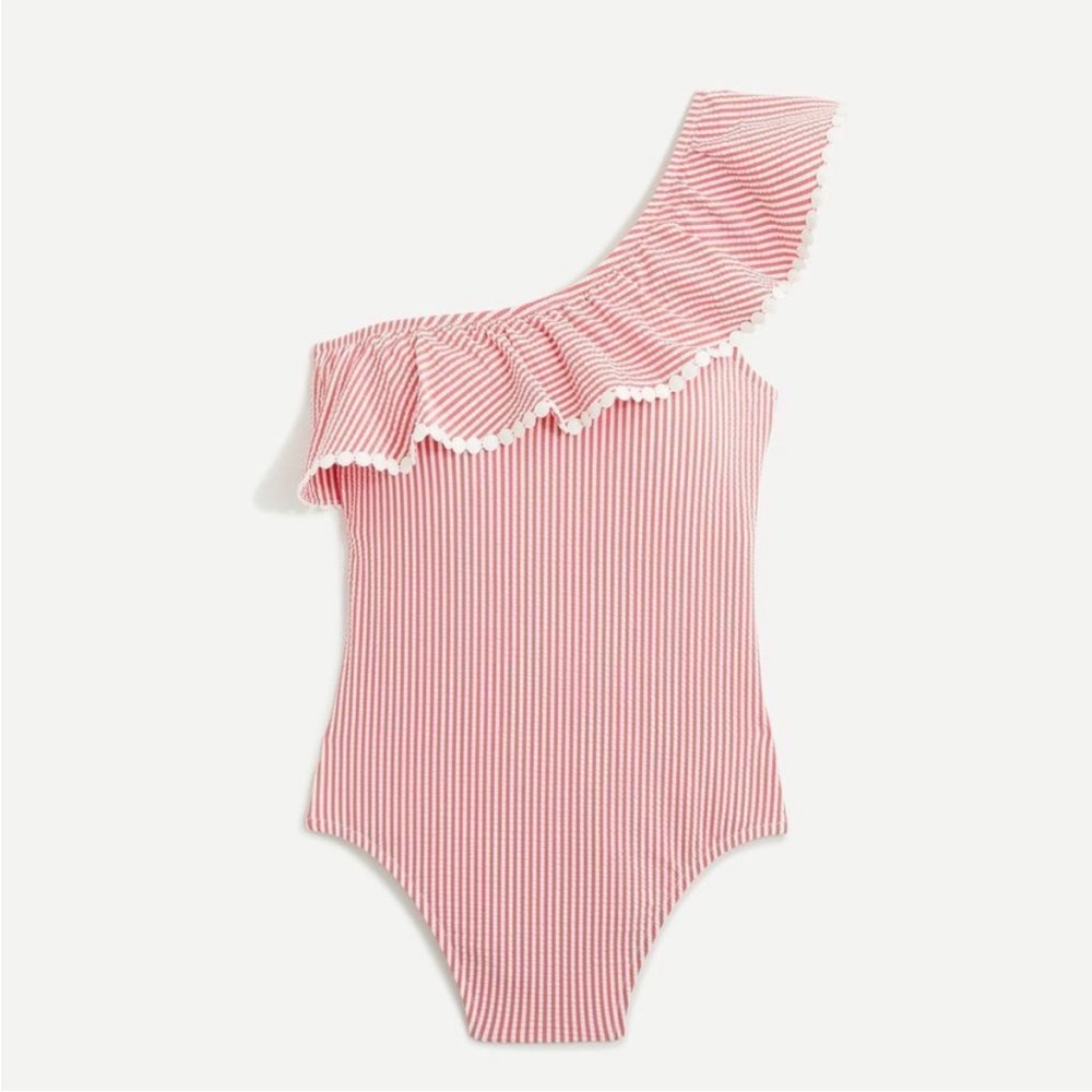 J. CREW Swimsuit One-shoulder Ruffle One-Piece in Seersucker Size 14